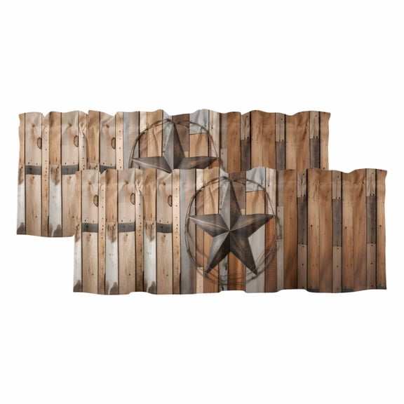 Vintage Texas Star Window Valance, Farmhouse Retro Wooden Board 2 Pack Decorative Curtain for Small Windows, Light Filtering Valance with 3” Rod Pocket, 42"W x 12"L