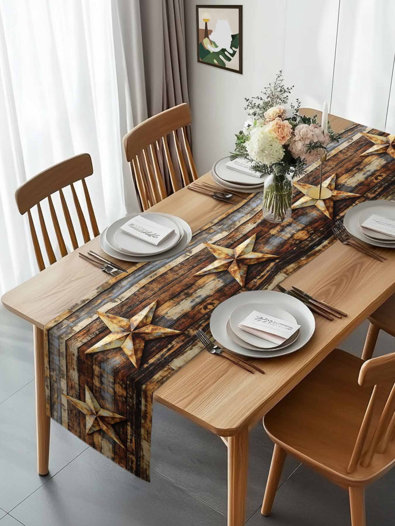 Vintage Texas Star Wood Grain Table Runner 90 Inches Long, Farmhouse Barn Board Table Runners Tabletop Scarf Kitchen Dining Tables Decoration for Home Party Indoor Outdoor