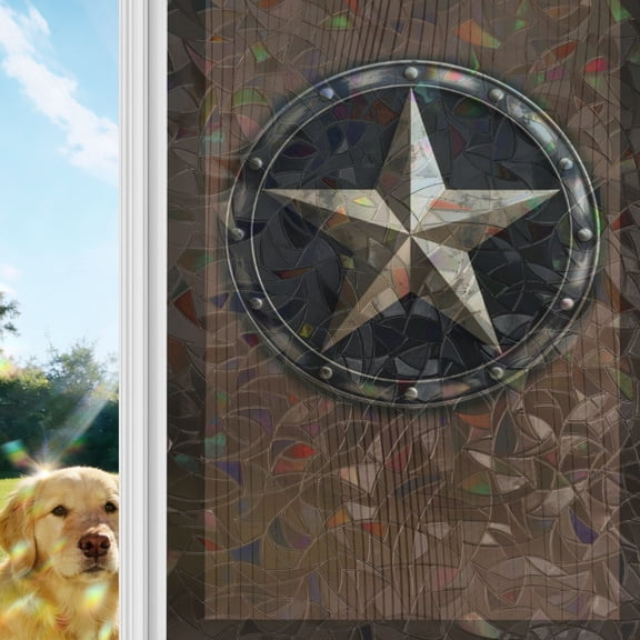 Vintage Texas Star Wooden Window Privacy Film Stain Glass,Reusable Decorative Rainbow Window Film,Retro Art Country Non-Adhesive Static Cling Sun Blocking Stickers Decals Covers 17.7" x 39.3" (2pcs)