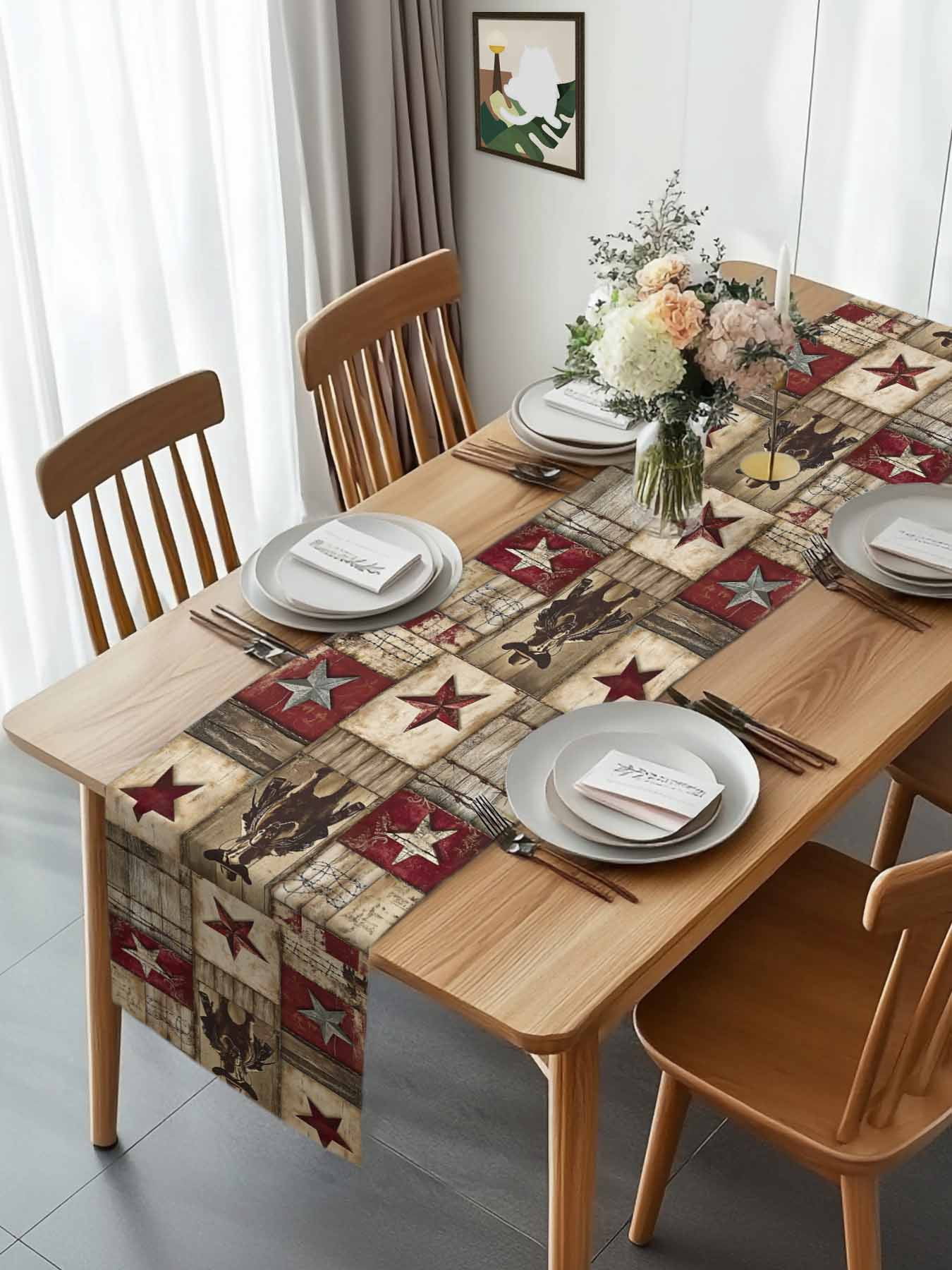 Vintage Texas Western Country Star Table Runner 90 Inches Long, Cowboy Horse Wooden Plank Table Runners Tabletop Scarf Kitchen Dining Tables Decoration for Home Party Indoor Outdoor