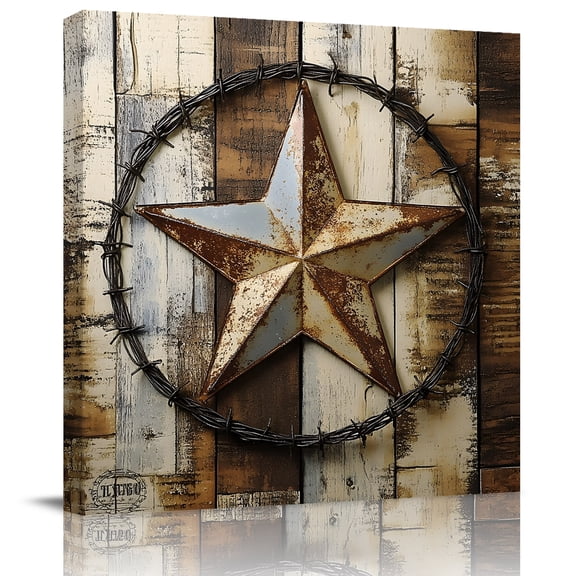 Vintage Texas Western Star Canvas Artwork Painting Art, Farmhouse Retro Wood Board Square Framed Wall Decorations Prints Picture for Bedroom Kitchen Living Room, 8x8 in