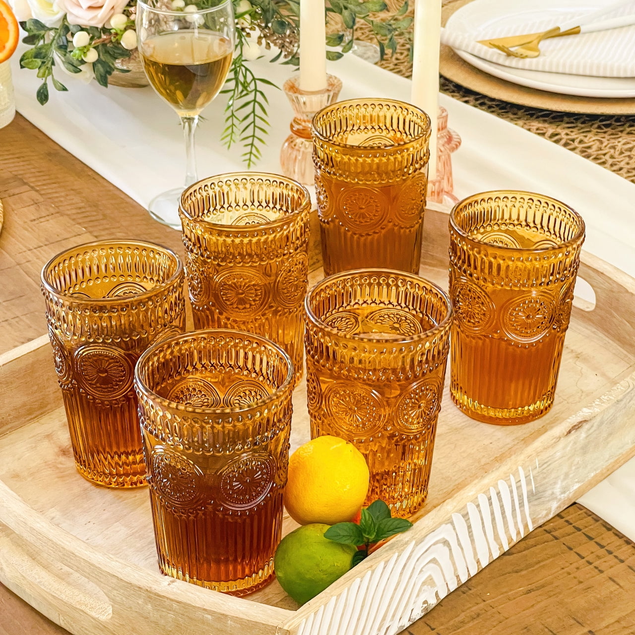 Vintage Textured Amber Striped Drinking Glasses Set of 24 13 oz Ribbed Glassware with Flower Design Cocktail Set Juice Glass Water Tumbler
