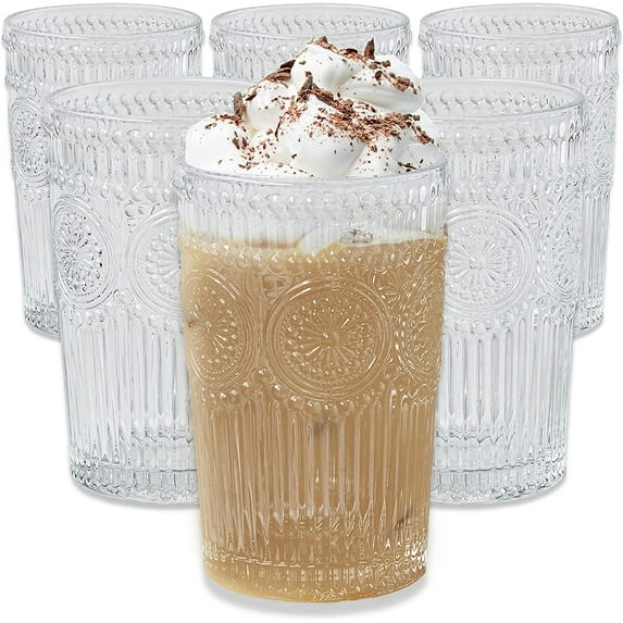 Vintage Textured Clear Striped Drinking Glasses Set of 6, (13 oz) Ribbed Glassware Set with Flower Design | Cocktail Set, Glass Cups, Iced Coffee Cup