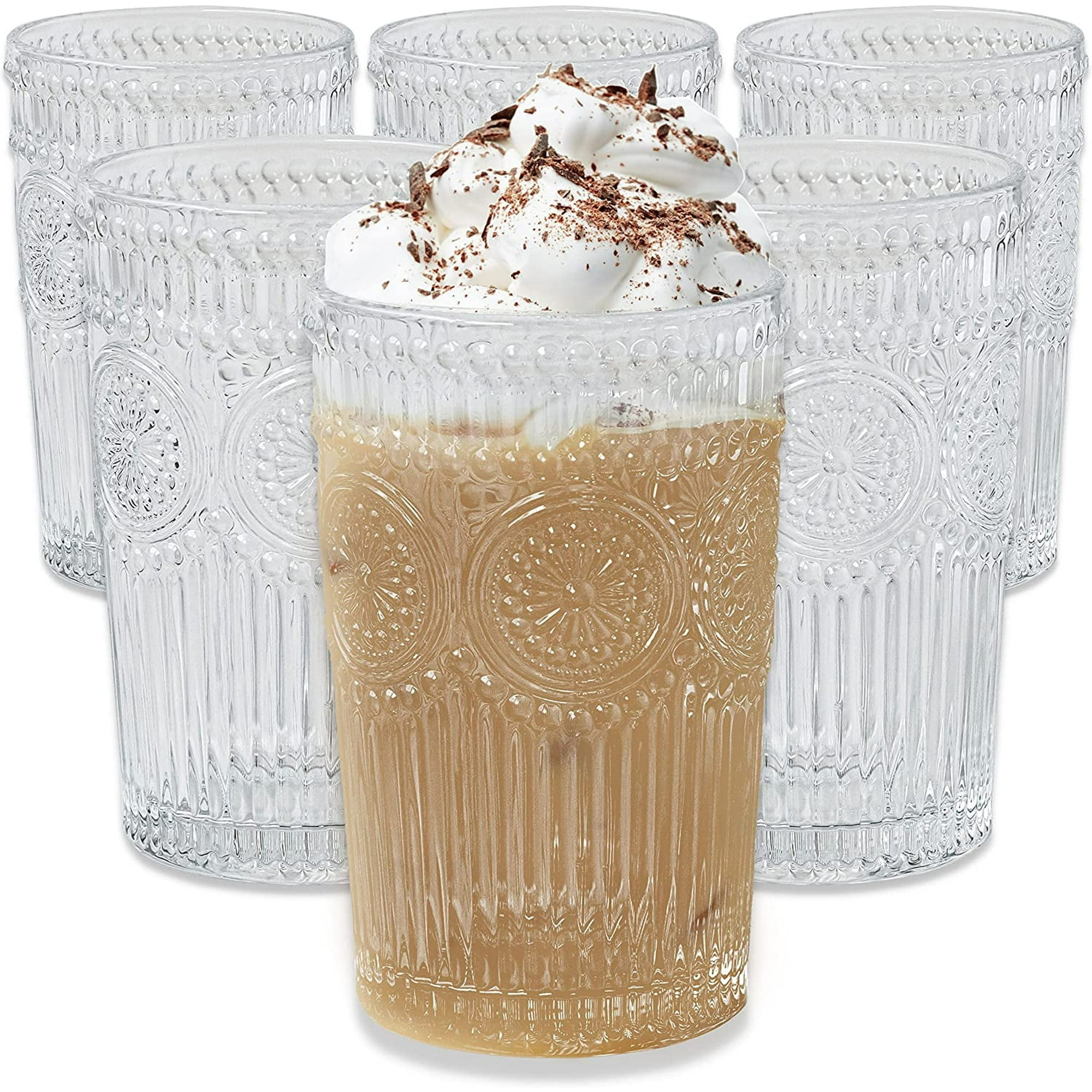 Vintage Textured Clear Striped Drinking Glasses Set of 6 - 13 oz Ribbed Glassware Set with Flower Design | Cocktail Set, Juice Glass, Water Cups