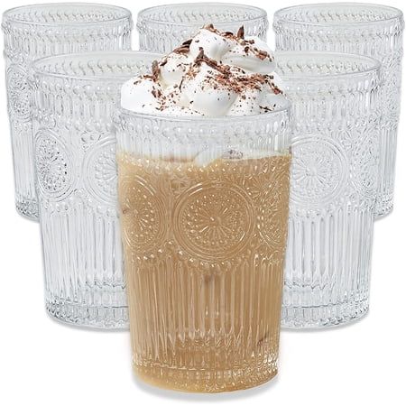 Vintage Textured Clear Striped Drinking Glasses Set of 6 - 13 oz Ribbed Glassware Set with Flower Design | Cocktail Set, Juice Glass, Water Cups