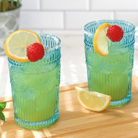 Vintage Textured Light Blue Striped Drinking Glass Set 6-Piece, 13 Ounce Ribbed Glassware with Floral Design | Cocktail Glasses, Juice Glasses, Water Glasses