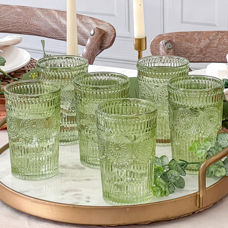 Kate Aspen Vintage Textured Sage Green Striped Drinking Glasses Set of 24 13 oz Ribbed Glassware with Flower Design Cocktail Set Juice Glass
