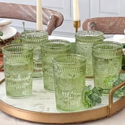 Vintage Textured Sage Green Striped Drinking Glasses Set of 24, 13 oz Ribbed Glassware with Flower Design| Cocktail Set, Juice Glass, Water Tumbler