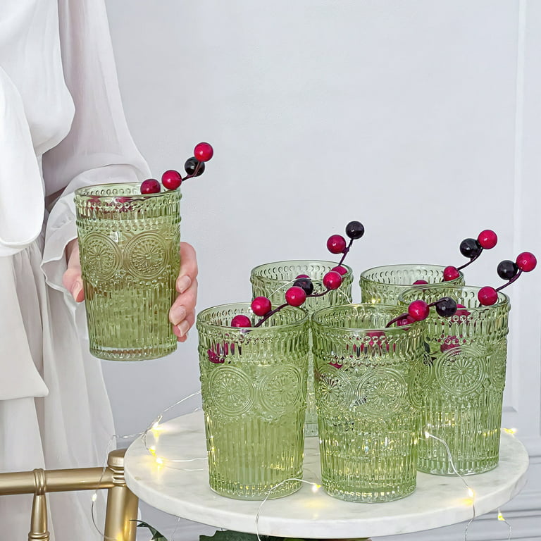 Vintage Textured Sage Green Striped Drinking Glasses Set of 6 - 13 oz  Ribbed Glassware with Flower Design