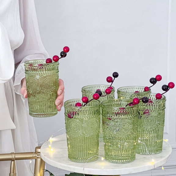 Vintage Textured Sage Green Striped Drinking Glasses Set of 6 - 13 oz Ribbed Glassware with Flower Design| Cocktail Set, Juice Glass, Water Tumbler