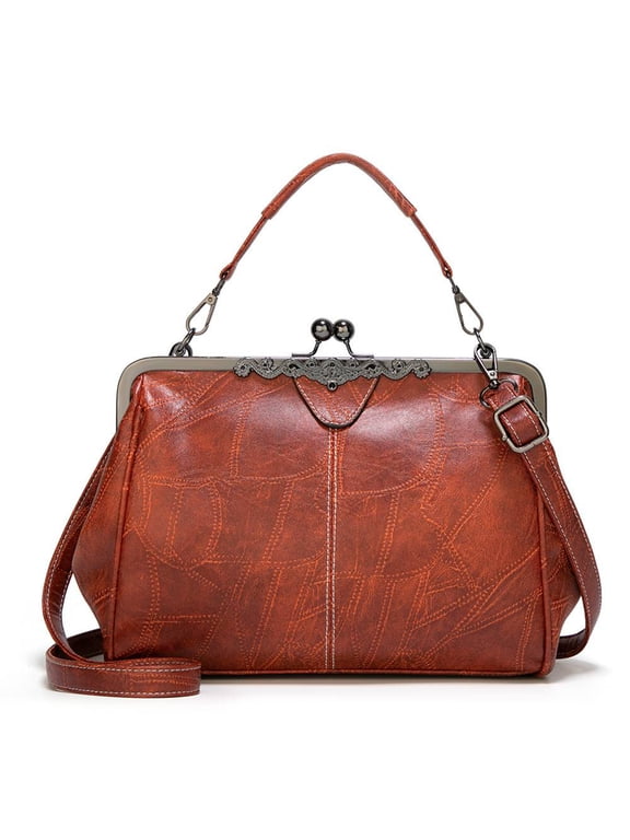 Vintage Textured Shoulder Purse for Women Top Handle Crossbody Bag PU Leather Handbag Fashion Kiss Lock Satchel for Daily Use and Work