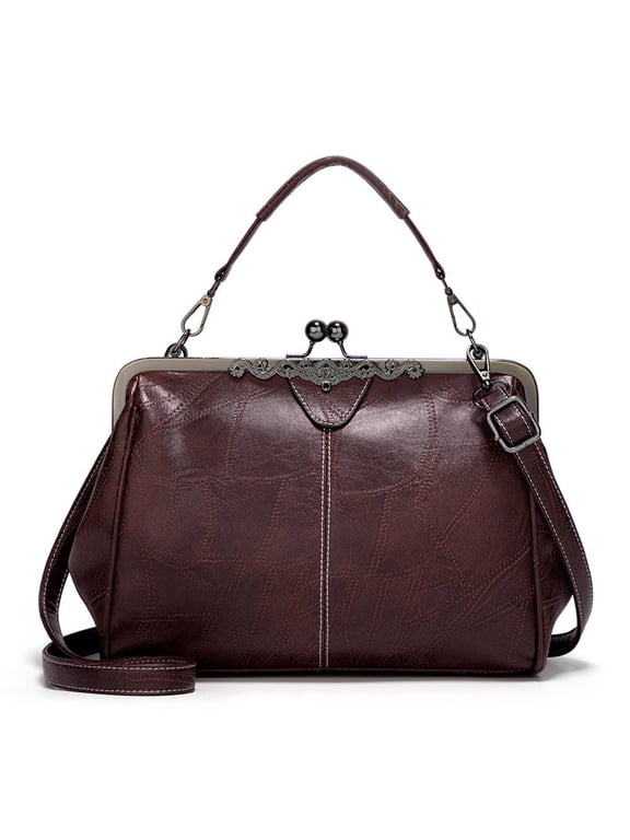 Vintage Textured Shoulder Purse for Women Top Handle Crossbody Bag PU Leather Handbag Fashion Kiss Lock Satchel for Daily Use and Work