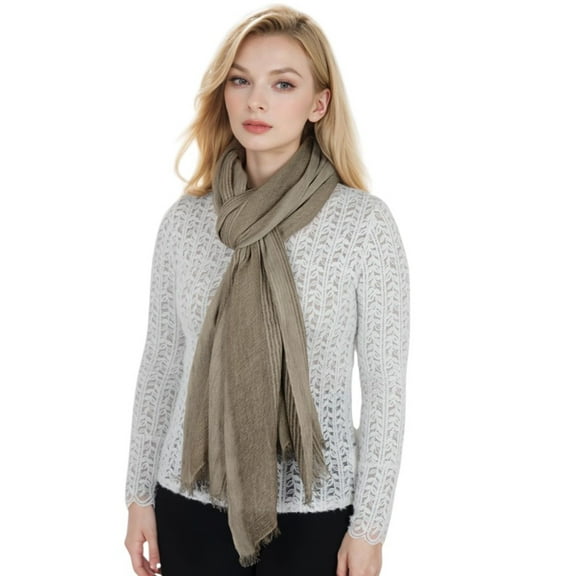 Vintage Textured Striped Scarf Lightweight Fringed Soft Warm Wrap Shawls for Women- Light Brown
