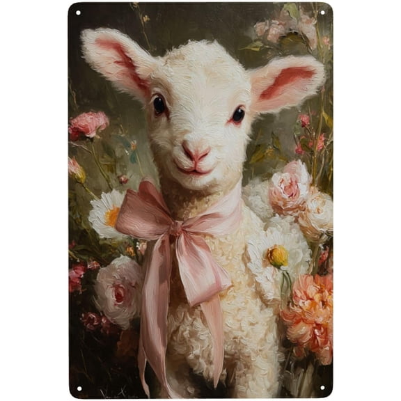 Vintage Textured White Lamb Metal Tin Sign With Spring Blooms, Shabby Chic Rustic Farmhouse Wall Decor, Entryway Decoration, 8x12 Inch Aluminum Poster