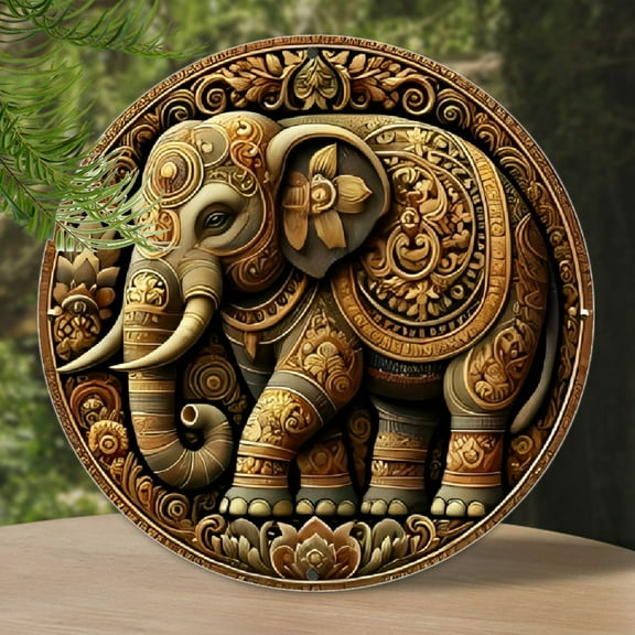 Vintage Thai Golden Elephant 8x8" Round Aluminum Wall Art - Durable Metal Sign for Home, Office, Kitchen, Bar Decor - Easy to Hang, Unique Design