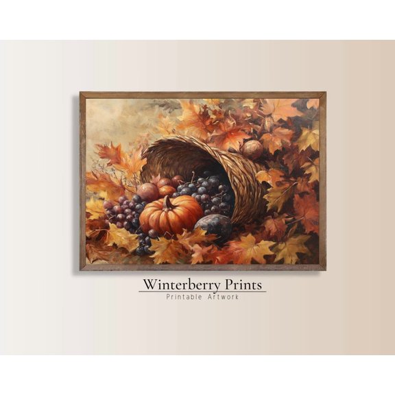 Vintage Thanksgiving Cornucopia Wall Art Print, Rustic Fall Decor
