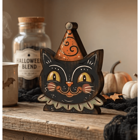 Vintage Thanksgiving Halloween Decor Indoor Retroes Wooden Block for Shelf Decor Cute Ghost Pumpkin Black Cats Skeleton Witch Owl Housewarming Gift (E)