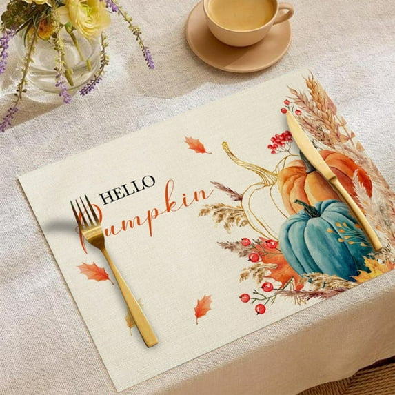 Vintage Thanksgiving Harvest Placemats, Fall Pumpkin Themed Heat Resistant Table Mats for Autumn Dining Decor, Farmhouse Kitchen Decorations