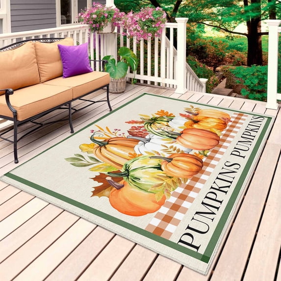 Vintage Thanksgiving Outdoor Rug for Patio/Deck/Porch, Non-Slip Large Area Rug 4 x 6 Ft, Orange Pumpkins Rustic Fall Indoor Outdoor Rugs Washable Area Rugs, Reversible Camping Rug Carpet Runner