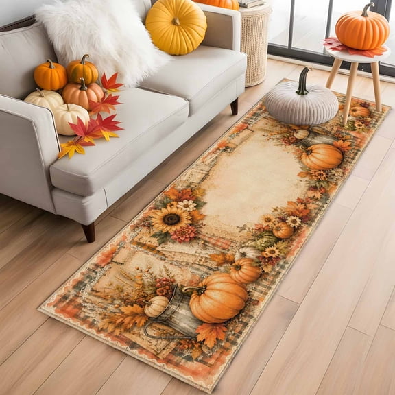 Vintage Thanksgiving Runner Rug 2x6 FT,Non Slip Hallway Rugs,Fall Pumpkin Farmhouse Botanical Rustic Washable Soft Floor Carpet Throw Runner Carpet Long Rug for Entryway Kitchen Bedside Sliding Door