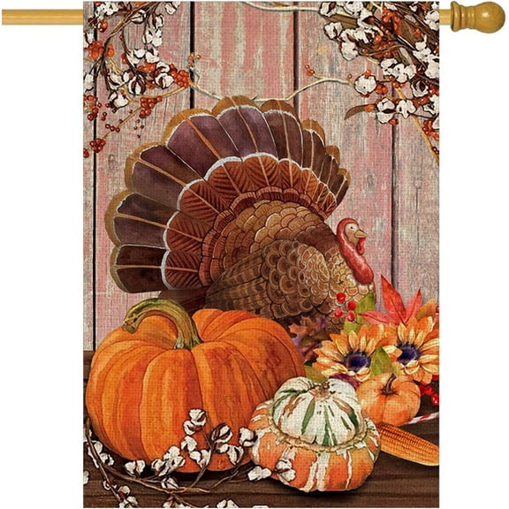 Vintage Thanksgiving Turkey Decorative House Flag Autumn Pumpkin Sunflower Yard Lawn Outside Decor Thanksgiving Party Harvest Fall Holiday Farmhouse Outdoor Home Decoration Double Sided 28x40 Inch