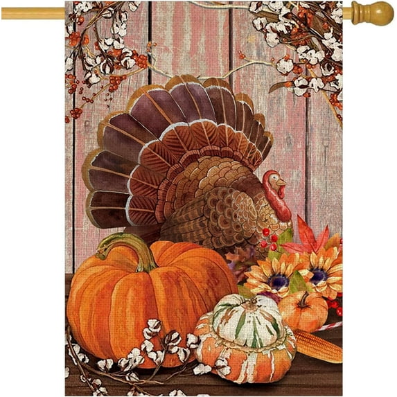 Vintage Thanksgiving Turkey Decorative House Flag Autumn Pumpkin Sunflower Yard Lawn Outside Decor Thanksgiving Party Harvest Fall Holiday Farmhouse Outdoor Home Decoration Double Sided 28x40 Inch