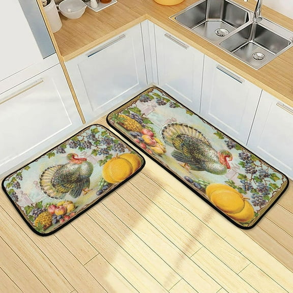Vintage Thanksgiving Turkey Kitchen Mat Rugs Set of 2 Pumpkin Fall Harvest Comfort Floor Runner Anti Fatigue Non Slid Cushioned Kitchen Carpet Rug for Living Room Laundry Hallway Home Decor