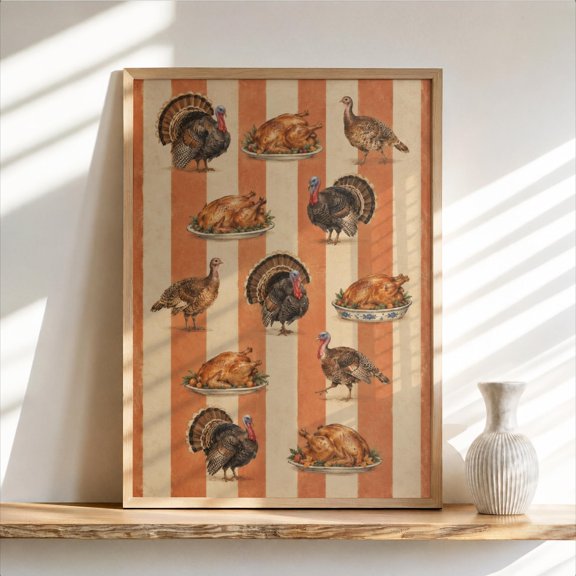 Vintage Thanksgiving Turkey Wall Art Print, Striped Pattern, Retro Fall Decor, Roasted Food Holiday Farmhouse Kitchen Art