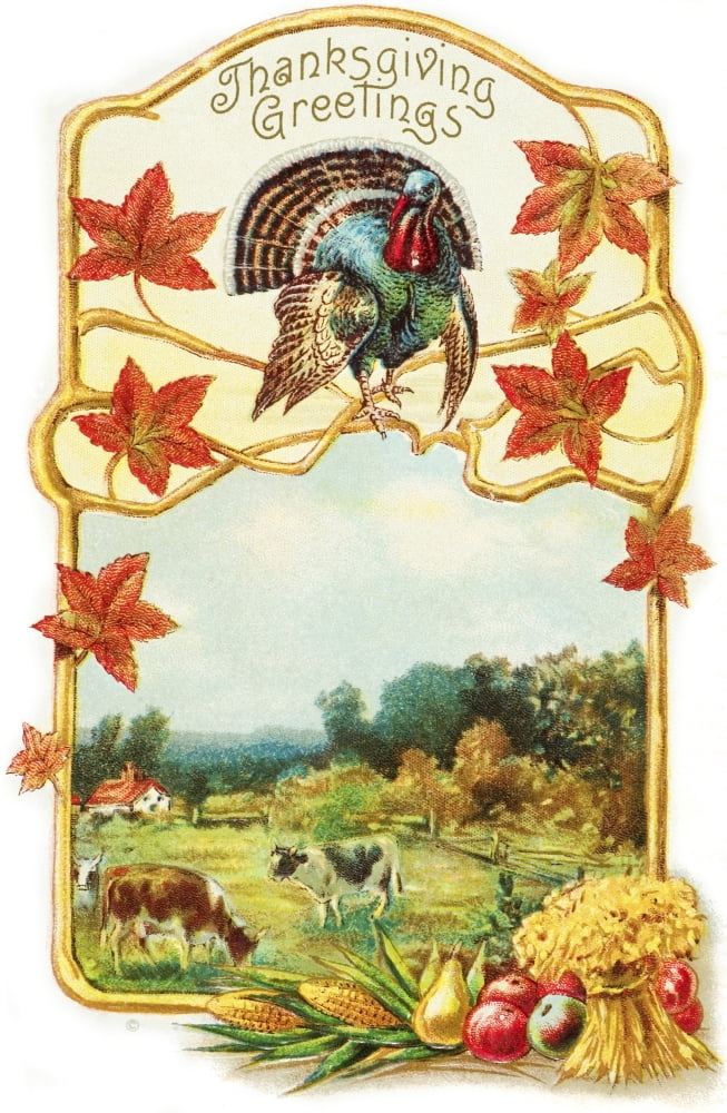 Vintage Thanksgiving greeting card with illustration of turkey and cows from 19th century Canvas Art - Remsberg Inc Design Pics (24 x 38)