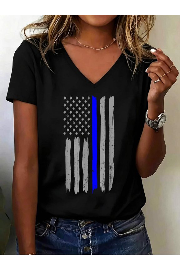 Vintage Thin Blue Line Shirt Police Support USA Flag V Neck T-Shirt Cotton Women's V Neck Graphic Tee, Casual Short Sleeve Shirt,Vacation Outfit