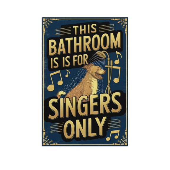 Vintage This Bathroom Is For Singers Only Poster Featuring Dog Singing in Shower with Music Notes for Wall Art Print Poster