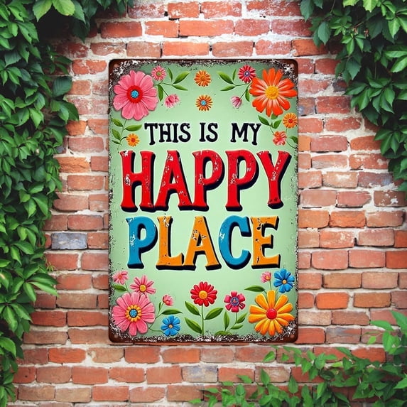 Vintage "This Is My Happy Place" Metal Sign - 8x12" Distressed Floral Wall Decor, Tin Art (LCS 9716)