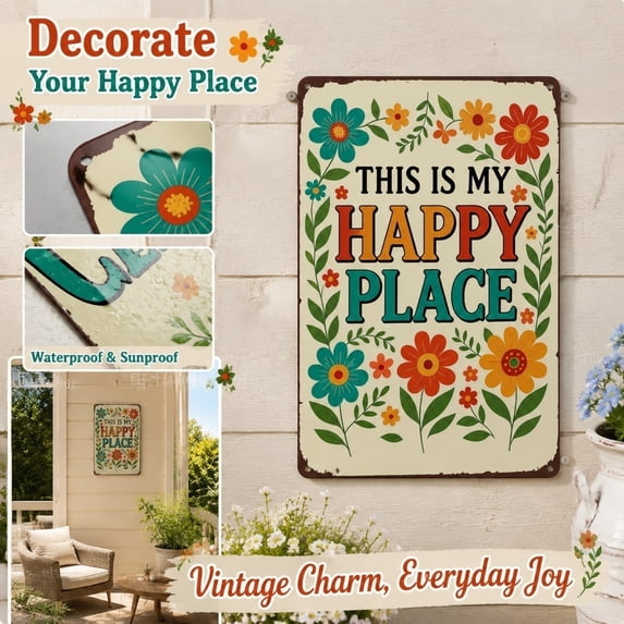 Vintage "This Is My Happy Place" Metal Sign, Floral Wall Decor, Waterproof Sunproof Tin Plaque for Patio, Porch and Home, 8 X 12 Inch