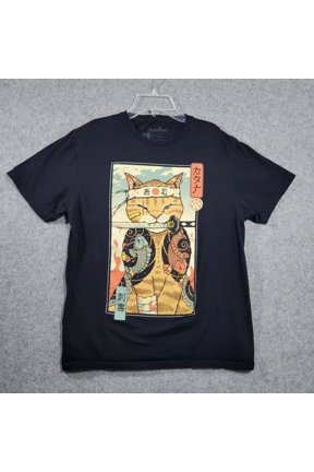 Vintage Threadless Japanese Art Cat Shirt Men Medium Ninja Anime Style Samurai BlackBirthday Gifts