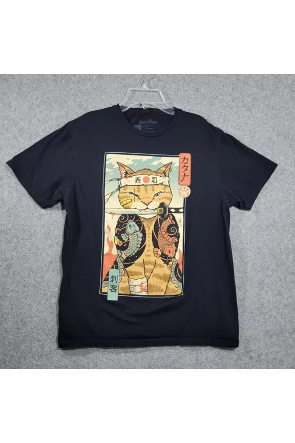 Vintage Threadless Japanese Art Cat Shirt Men Medium Ninja Anime Style Samurai Blackhot Trending Birthday Gifts