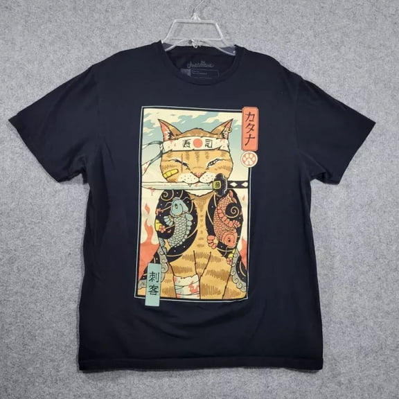 Vintage Threadless Japanese Art Cat Shirt Men Medium Ninja Anime Style Samurai Blackhot Trending Birthday Gifts
