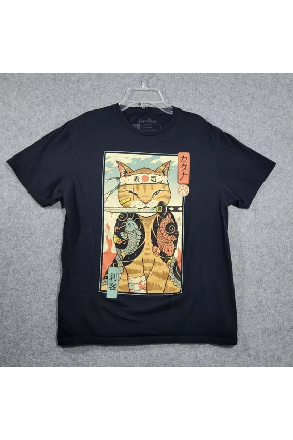 Vintage Threadless Japanese Art Cat Shirt Men Medium Ninja Anime Style Samurai Blackhot Trending Birthday Gifts