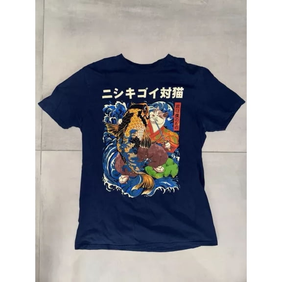 Vintage Threadless: Japanese Cat And Koi Fish Design Navy Color T-Shirt Men Size M Best Birthday Gifts