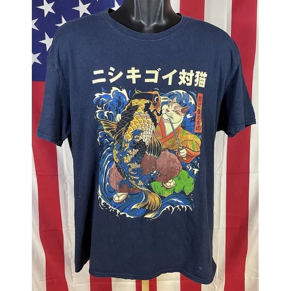 Vintage Threadless Japanese Cat Koi Fish Graphic Shirt Size Xl Best Birthday Gifts