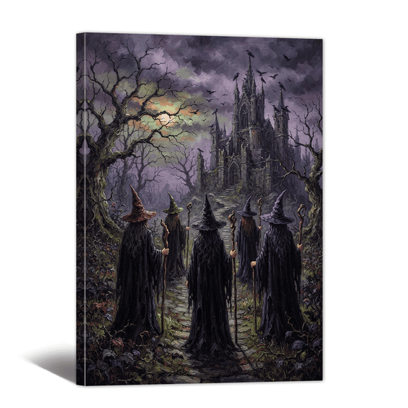 Vintage Thrilling Witch and Castle Canvas Wall Art Halloween Picture Print, Retro Dark Scene Gothic Artwork Painting Decor for Living Room Bedroom Home Office