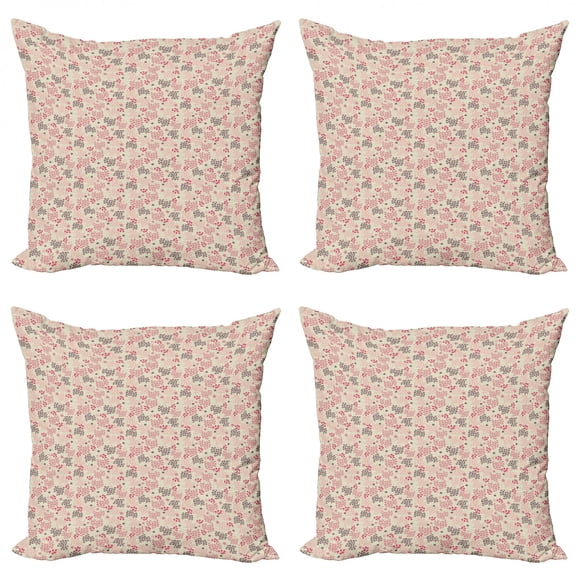 Ambesonne Vintage Throw Pillow Cover 4 Pack, Pastel Flowers Leaves, 24", Pink Beige Purple