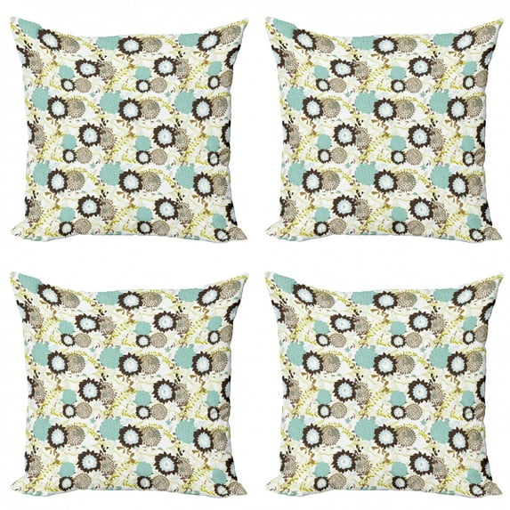 Ambesonne Vintage Throw Pillow Cover 4 Pack, Abstract Ornate Flower, 16", Seafoam Brown Green