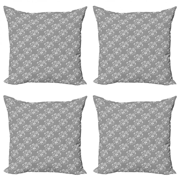 Vintage Throw Pillow Cushion Case Pack of 4, Continuous Greyscale Pattern with Delicate Wild Flowers Pansy Floral Nostalgia, Modern Accent Double-Sided Print, 4 Sizes, Grey and White, by Ambesonne