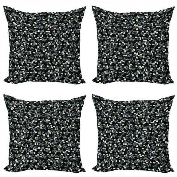 Vintage Throw Pillow Cushion Case Pack of 4, Demonstration of Curly Leafy Branches with Little Flowers and Dots, Modern Accent Double-Sided Print, 4 Sizes, Blue Grey Charcoal Grey, by Ambesonne