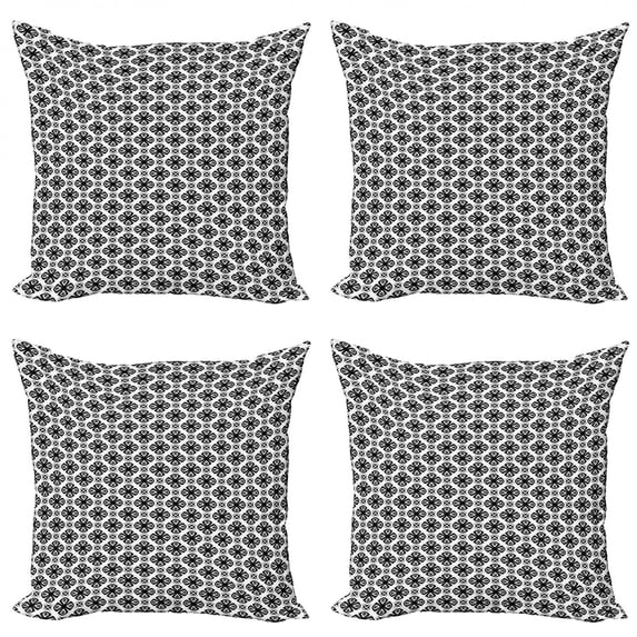 Vintage Throw Pillow Cushion Case Pack of 4, Inspired Pattern with Floral Design Motif in Monotonous Colors, Modern Accent Double-Sided Print, 4 Sizes, Charcoal Grey and White, by Ambesonne
