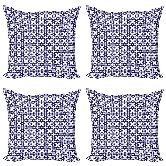 Vintage Throw Pillow Cushion Case Pack of 4, Monochrome Continuous Abstract Nostalgic Pattern with Leafy Elements Print, Modern Accent Double-Sided Print, 4 Sizes, Indigo and White, by Ambesonne