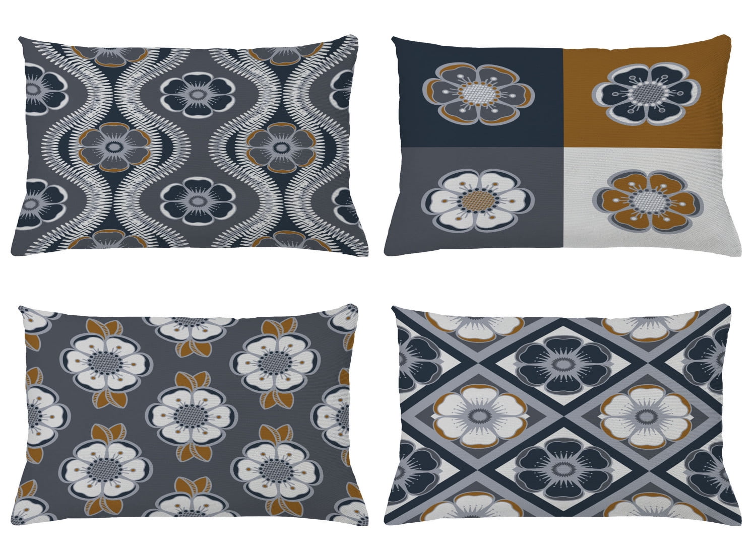 Dark Blue and Amber Microfiber Floral Throw Pillow Set