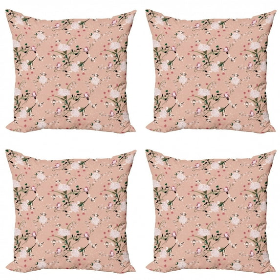 Ambesonne Vintage Throw Pillow Cover 4 Pack, Blooming Oriental Garden, 24", Pale Salmon Multicolor