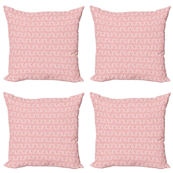 Vintage Throw Pillow Cushion Case Pack of 4, Ornamental Design of Swirled Floral Pattern with Dotted Lines on Coral Backdrop, Modern Accent Double-Sided Print, 4 Sizes, Coral White, by Ambesonne