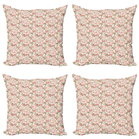 Ambesonne Vintage Throw Pillow Cover 4 Pack, Pink Chrysanthemum Flower, 18", Multicolor